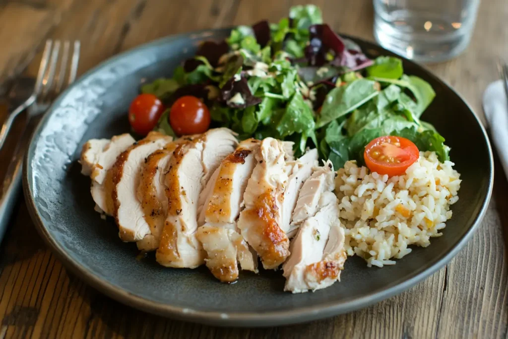 Shredded leftover dried-out chicken with fresh vegetables and seasonings on a wooden cutting board