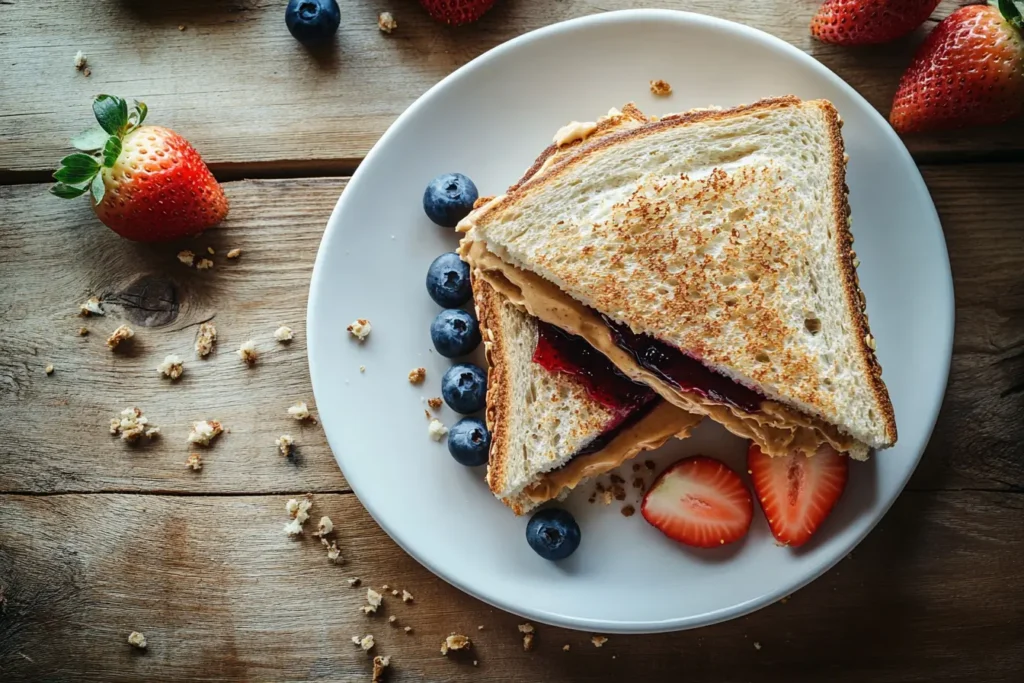 A perfectly made PB&J sandwich cut into triangles, served on a white plate with fresh berries.