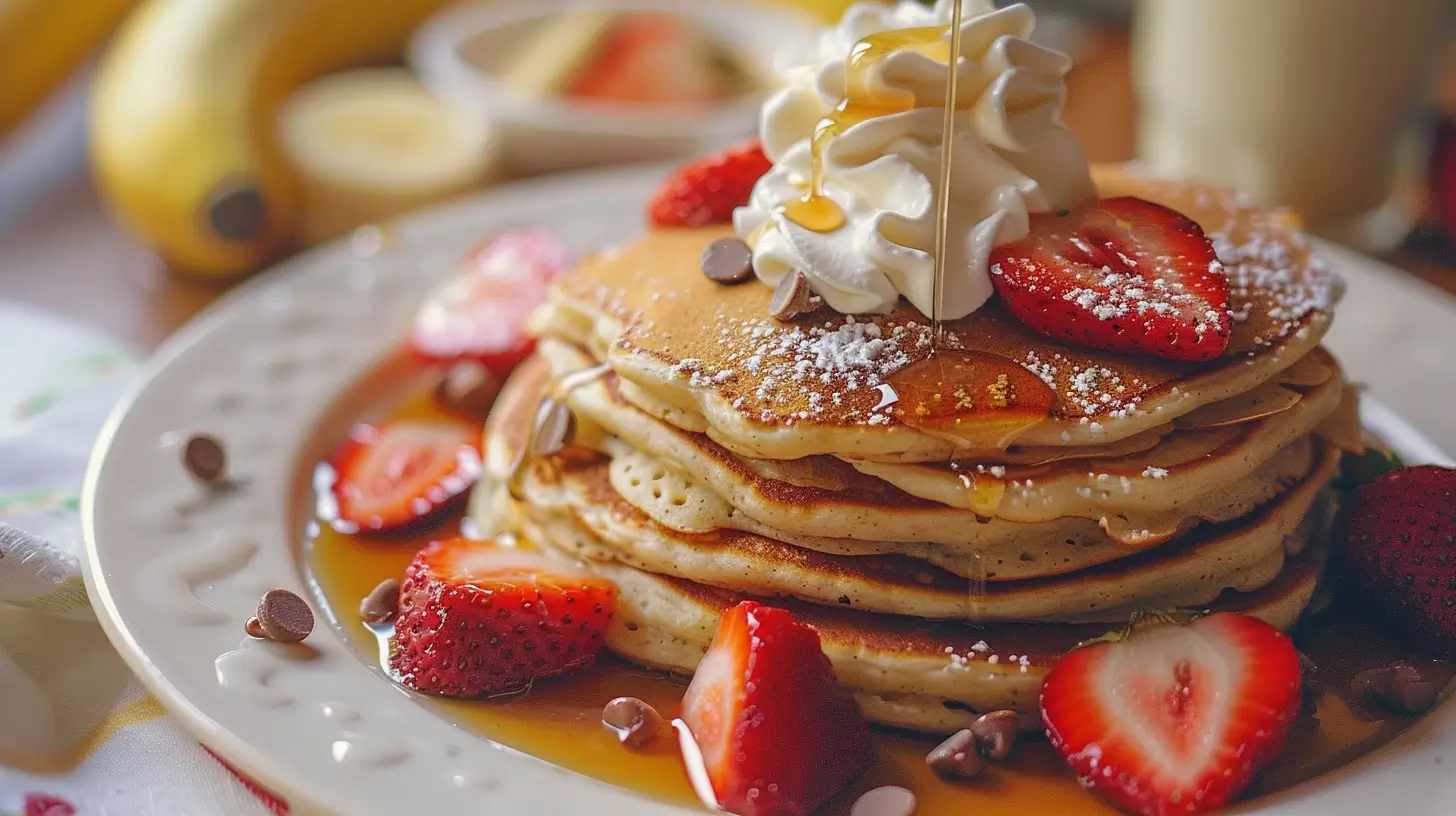 banana-pancakes-toppings Banana chocolate chip pancakes with strawberries and whipped cream