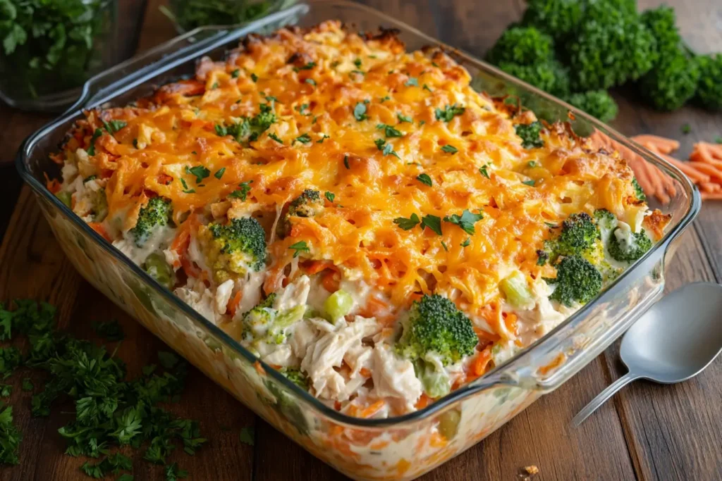 A creamy chicken casserole made with leftover dried-out chicken, topped with golden cheese and garnished with parsley