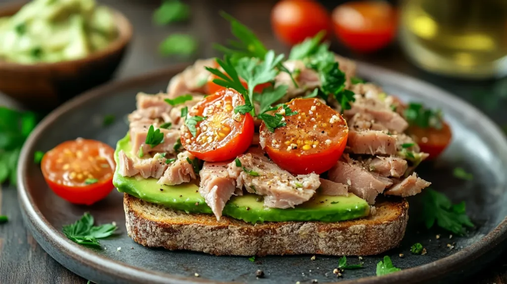 Tuna on whole grain toast with avocado and cherry tomatoes.
