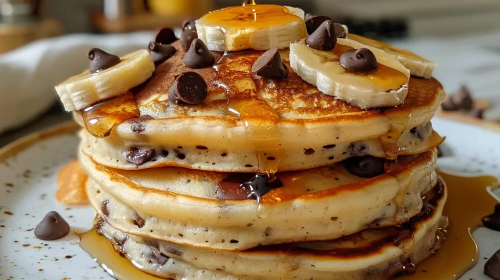 Fluffy banana chocolate chip pancakes with syrup