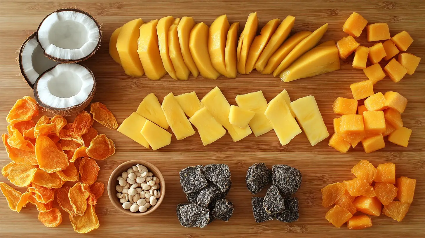 Dried Tropical Fruit Salad preparation with chopped mangoes and pineapples.