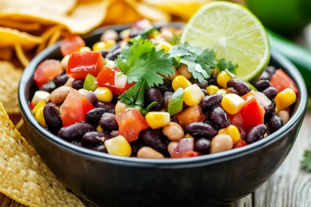 A colorful bowl of Cowboy Caviar served with tortilla chips, garnished with lime wedges and fresh cilantro.