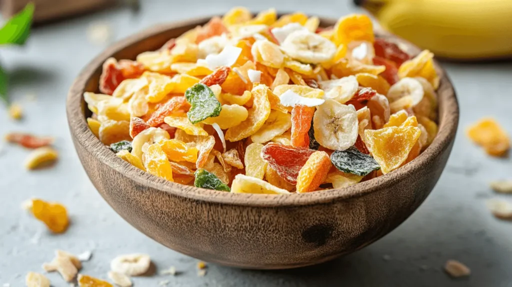 Dried Tropical Fruit Salad in a wooden bowl with mangoes, pineapples, and papayas.