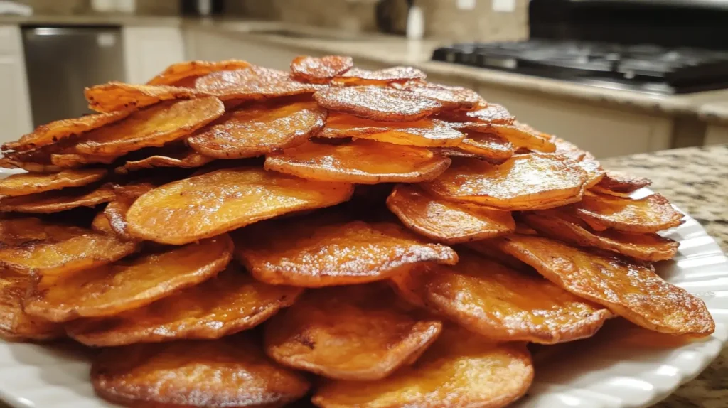 A plate of crispy homemade sweet potato chips stacked high in a kitchen setting