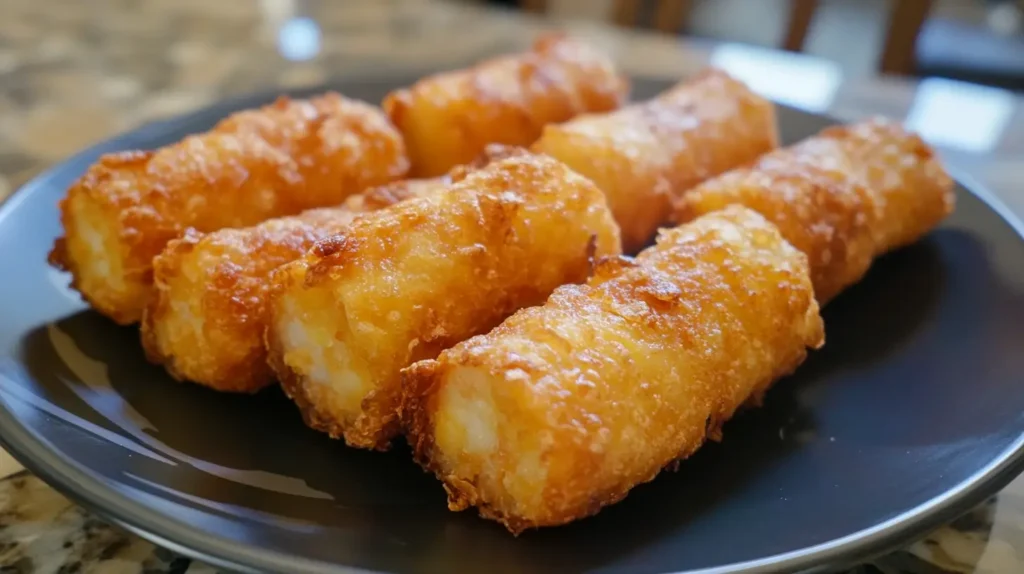 Sweet potato tempura rolls garnished with sesame seeds, served with soy sauce and wasabi on the side