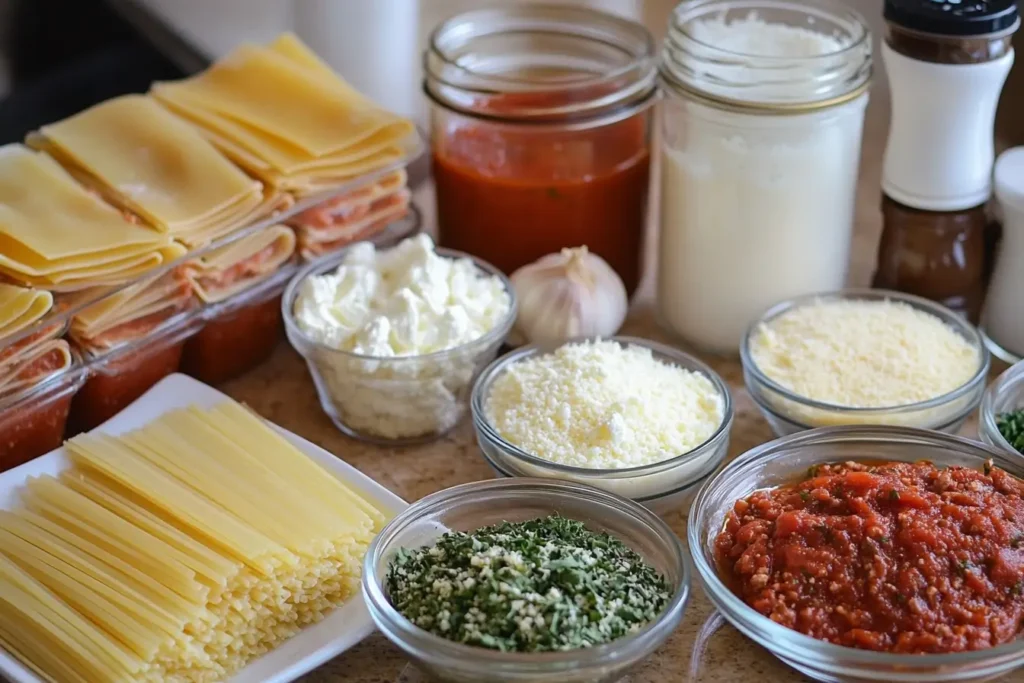 Ingredients for baked ziti and lasagna, including pasta, tomato sauce, cheese, and herbs, arranged on a wooden countertop