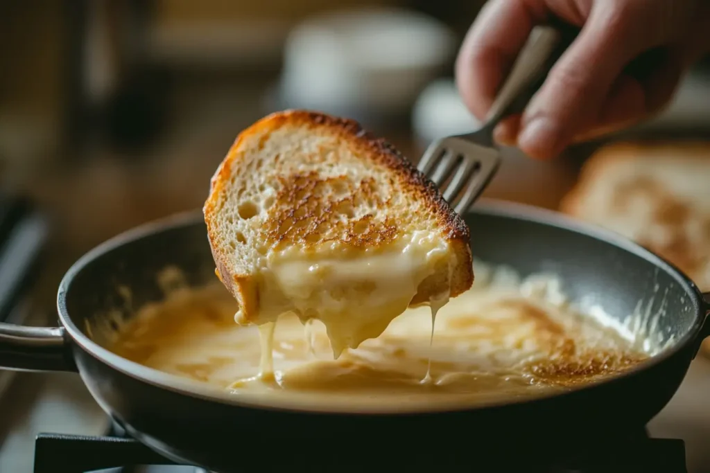 Bread slice dipped in egg custard, held over a mixing bowl, ready to cook French toast on the stove