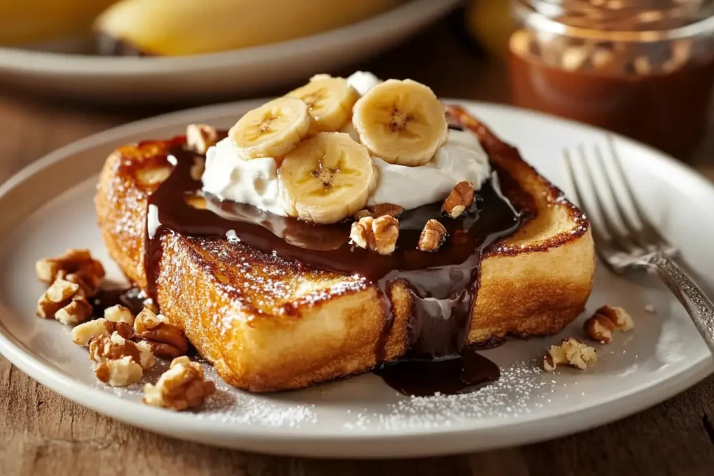 Golden French toast slices stacked on a plate, topped with syrup, butter, and fresh berries, dusted with powdered sugar
