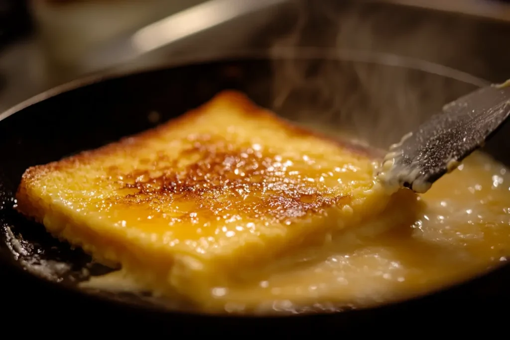 Custard-soaked bread frying in a skillet with butter, forming a golden crust for French toast.