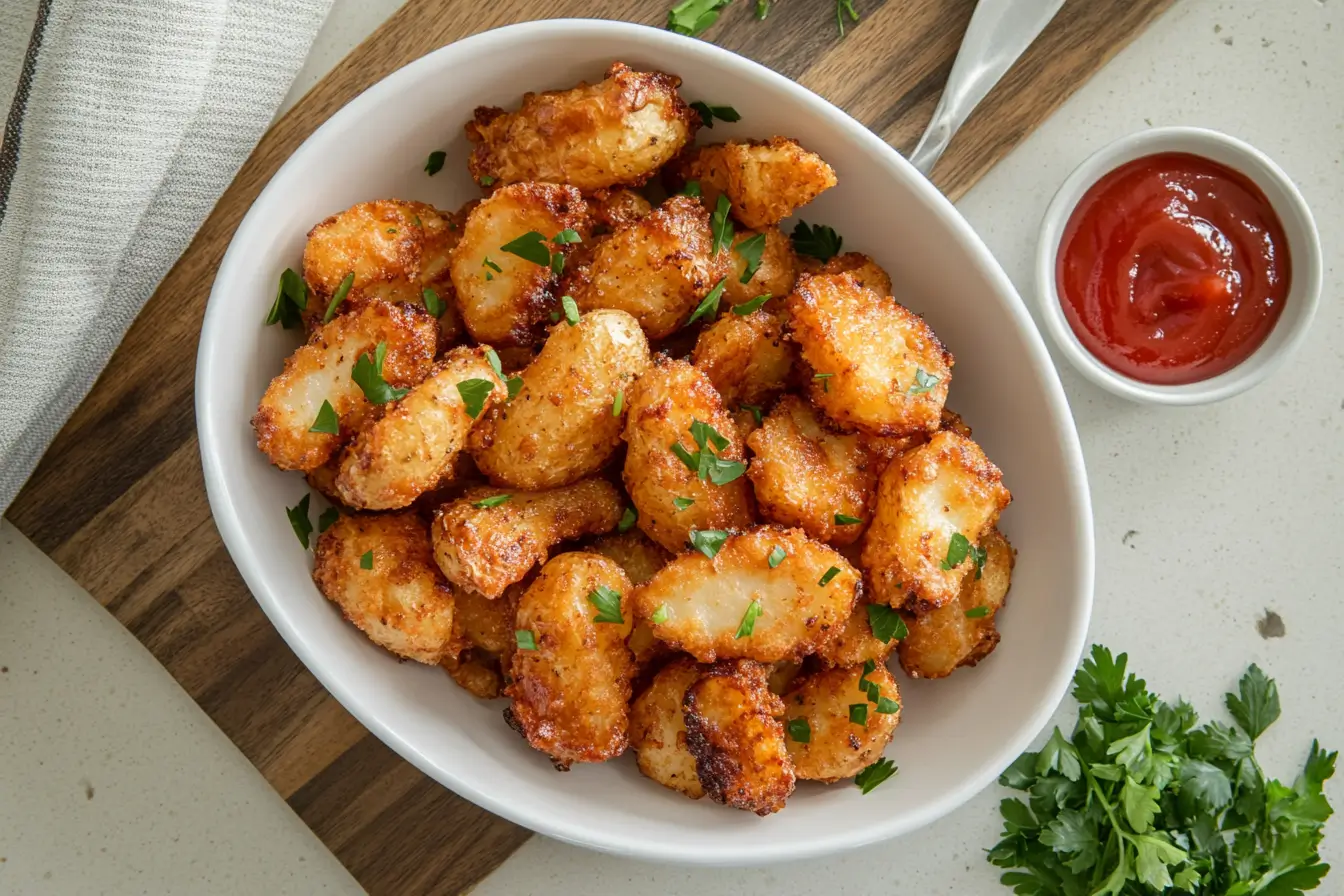 Crispy air fryer red potatoes served in a white bowl, garnished with parsley and a side of ketchup.