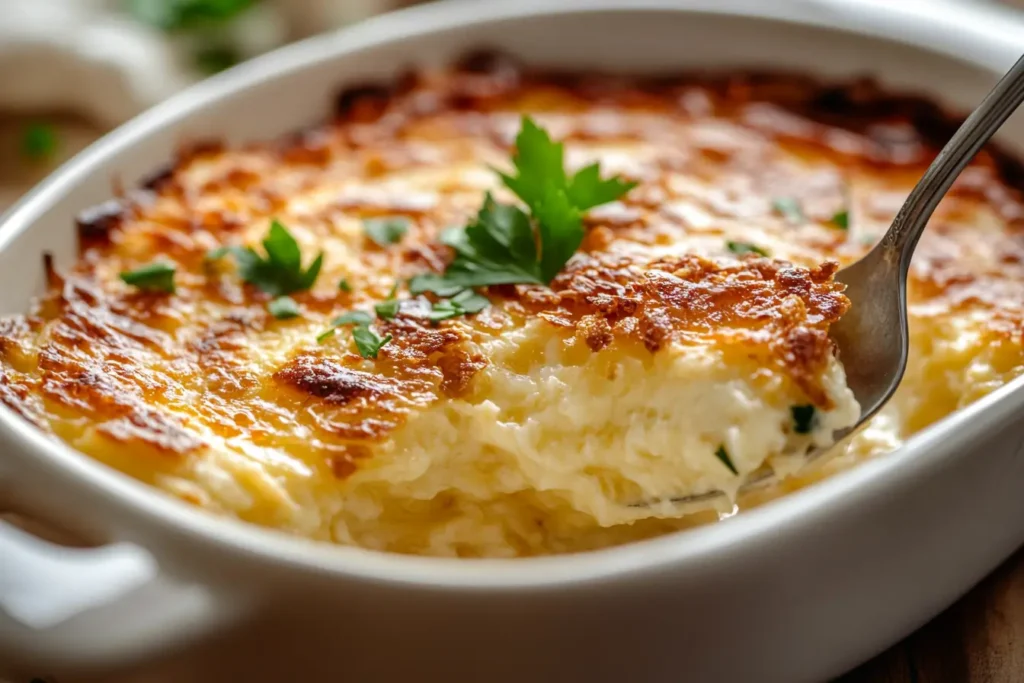 Golden hashbrown casserole with crispy cornflake topping served in a white baking dish, garnished with fresh parsley