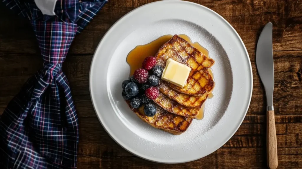 French toast slices stacked on a plate, drizzled with maple syrup, butter, and fresh berries, dusted with powdered sugar