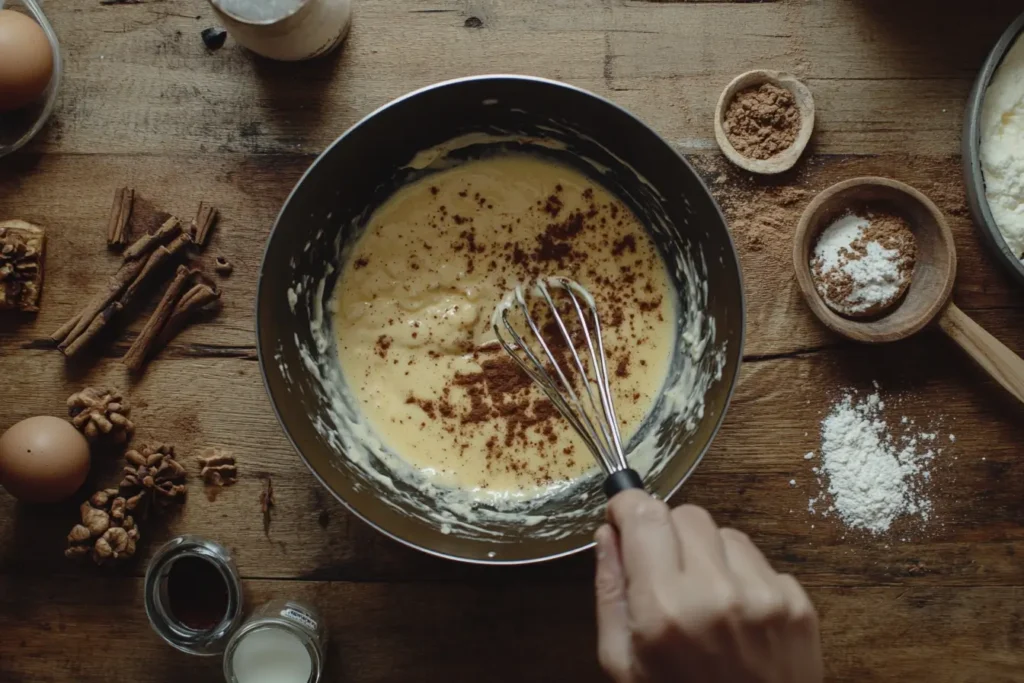 Eggs, milk, and cinnamon being whisked in a bowl for French toast custard preparation