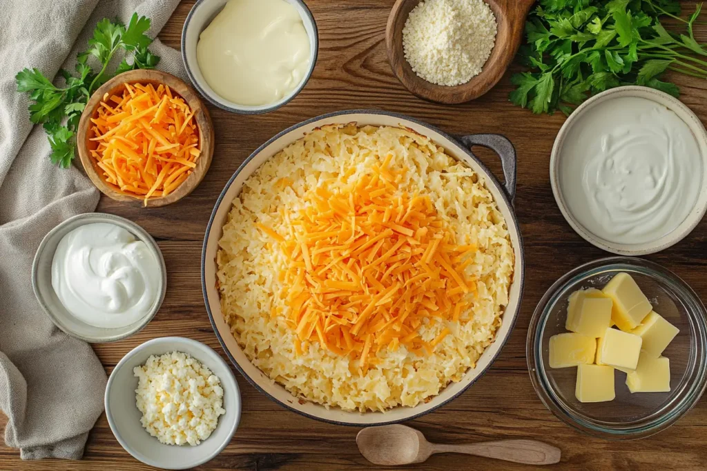 Ingredients for hashbrown casserole displayed on a wooden countertop, including shredded hashbrowns, sour cream, cheddar cheese, and diced onions