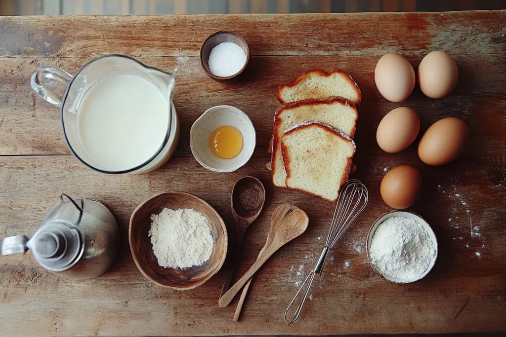 French toast ingredients displayed on a wooden counter: sliced bread, eggs, milk, cinnamon, vanilla extract, sugar, and a whisk
