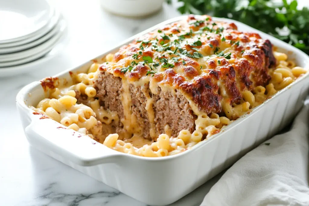 Mac and cheese with a meatloaf base topped with melted cheese and parsley, answering the question, "What Meat Goes with Mac and Cheese.
