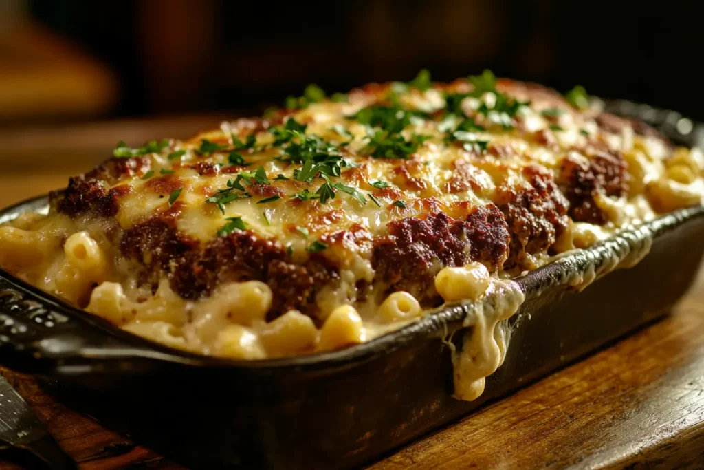 Golden mac and cheese meatloaf casserole in a baking dish, ready to serve