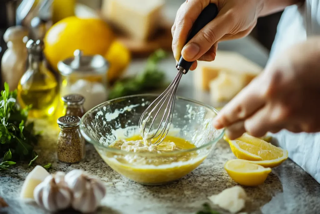 Fresh ingredients for Caesar salad, including romaine, Parmesan, croutons, lemon, and dressing.