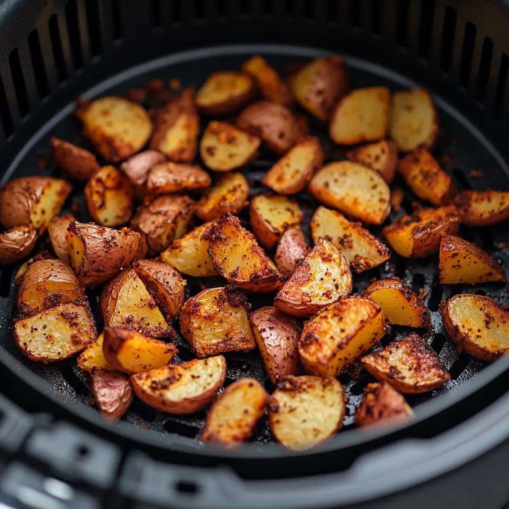 Seasoned red potatoes cooking in an air fryer basket, golden and crispy.