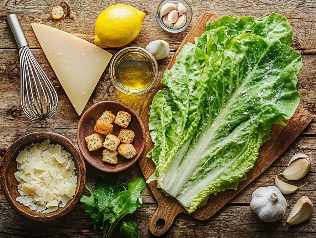 Fresh ingredients for Caesar salad, including romaine, Parmesan, croutons, lemon, and dressing.