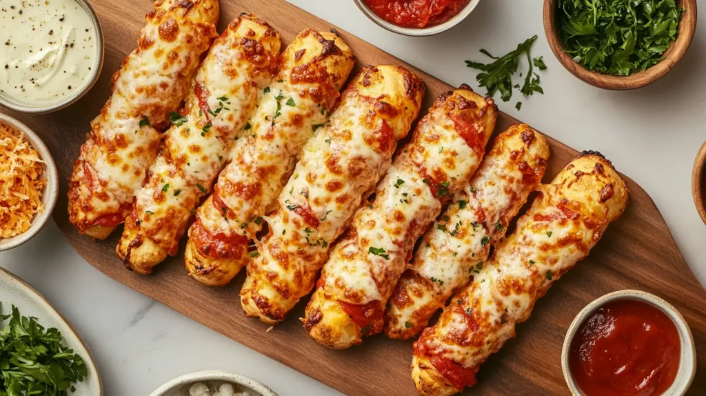 Pizza Sticks with marinara, ranch, and garlic butter sauces on a wooden board.