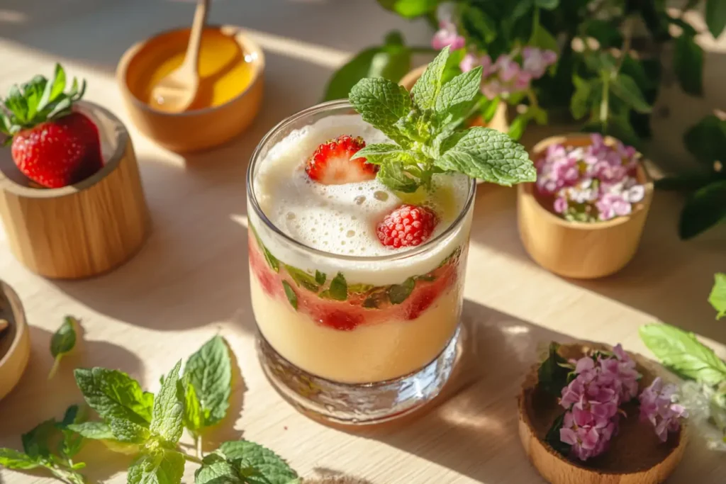 Glass of kefir with fresh ingredients.