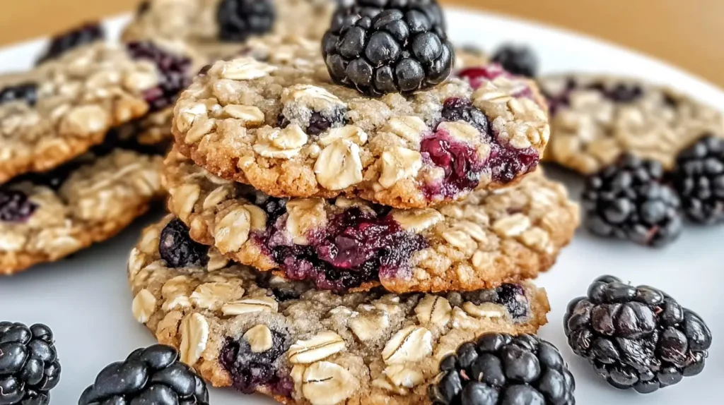 Freshly baked blackberry oatmeal cookies on a rustic wooden table.