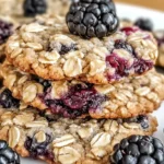 Freshly baked blackberry oatmeal cookies on a rustic wooden table.