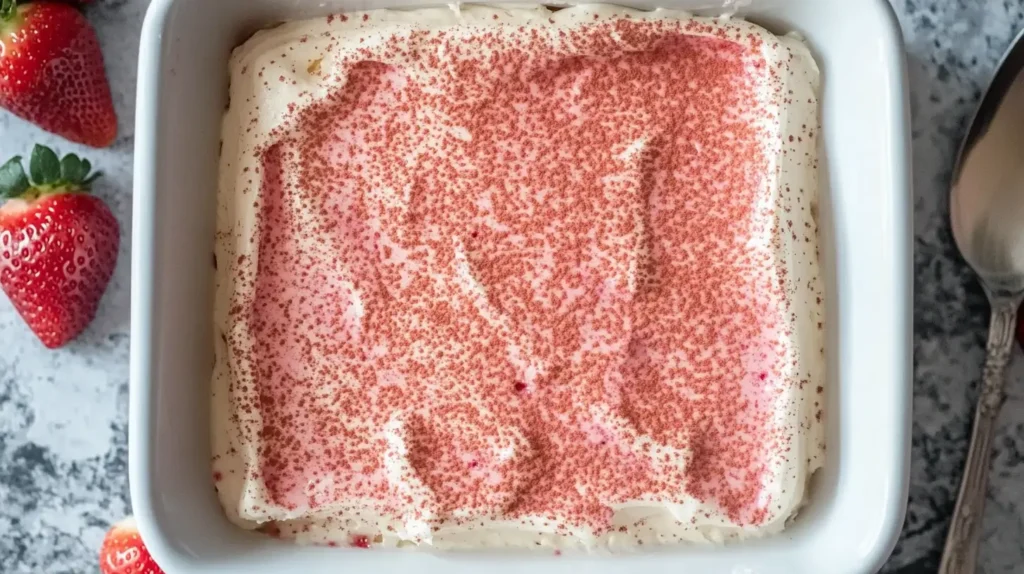 A slice of Strawberry Tres Leches Cake on a plate