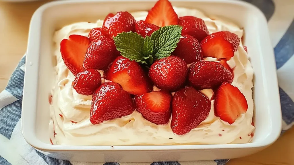 Decorated Strawberry Tres Leches Cake topped with fresh strawberries