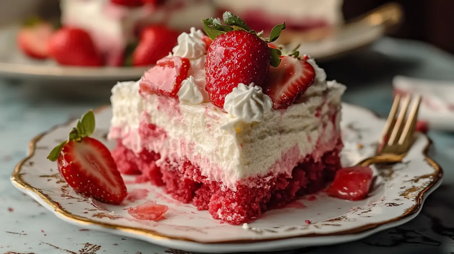 A slice of Strawberry Tres Leches Cake on a plate