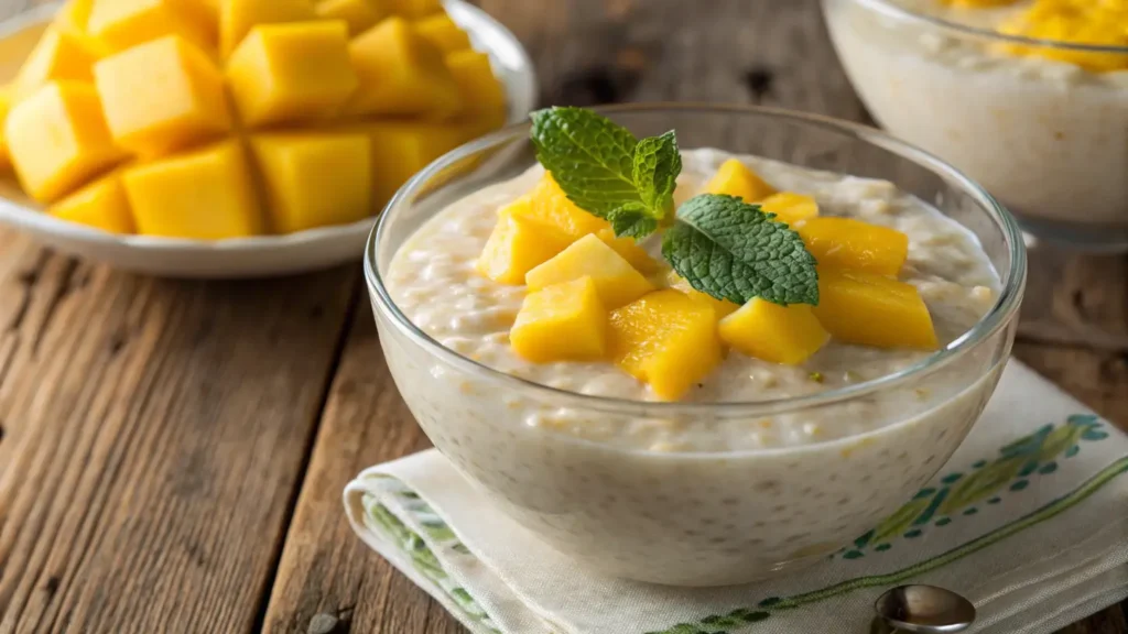 Mango Dessert Recipes – Vegan mango tapioca pudding with fresh toppings.