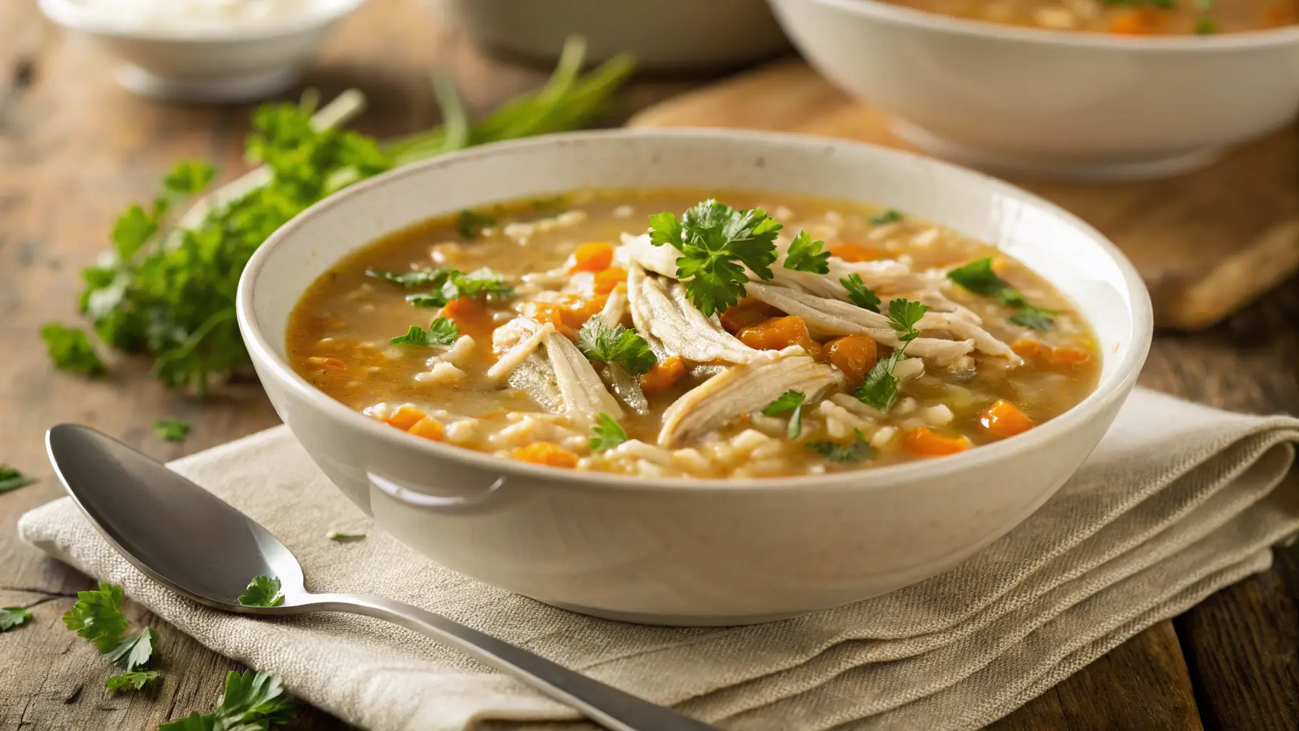 Easy and hearty chicken and rice soup in a bowl with fresh parsley.