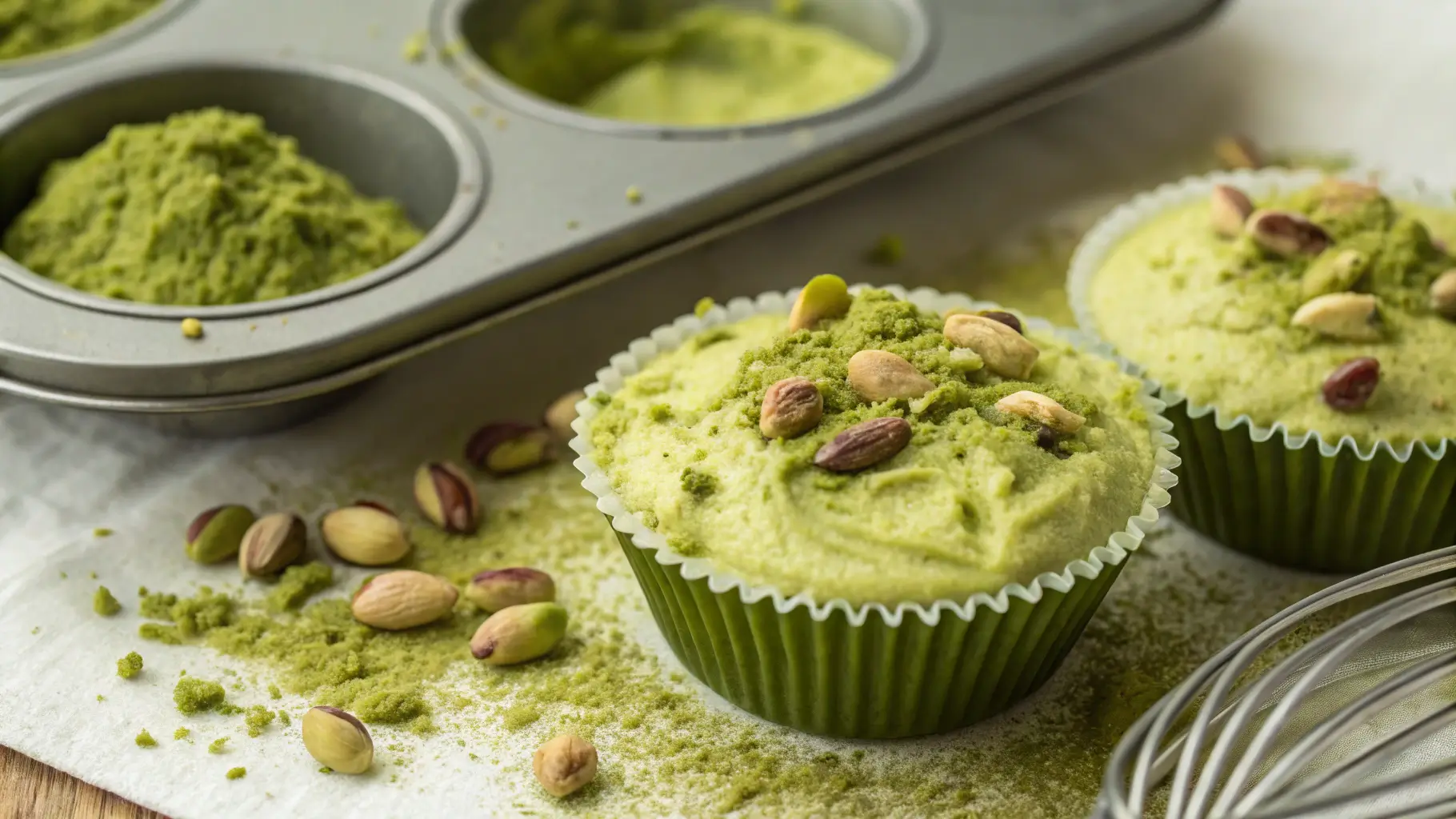 Natural green color for pistachio muffins using matcha