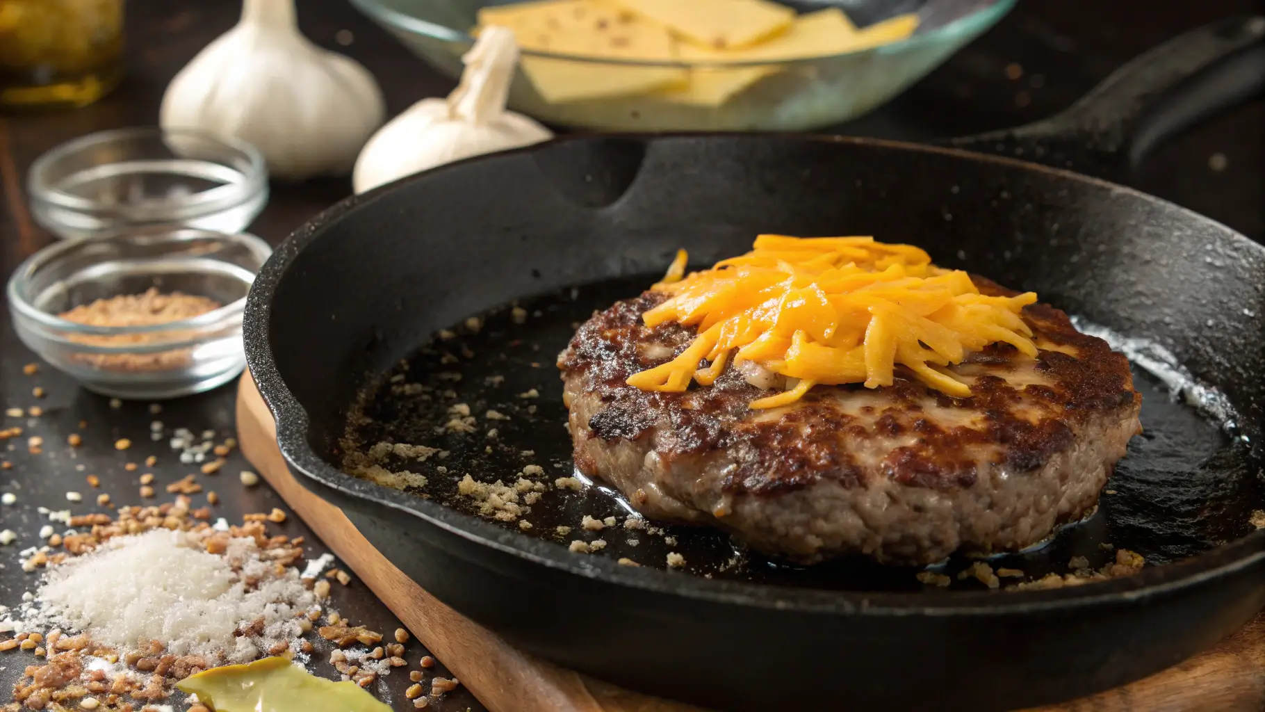 Juicy beef patty cooking for a burger bowl