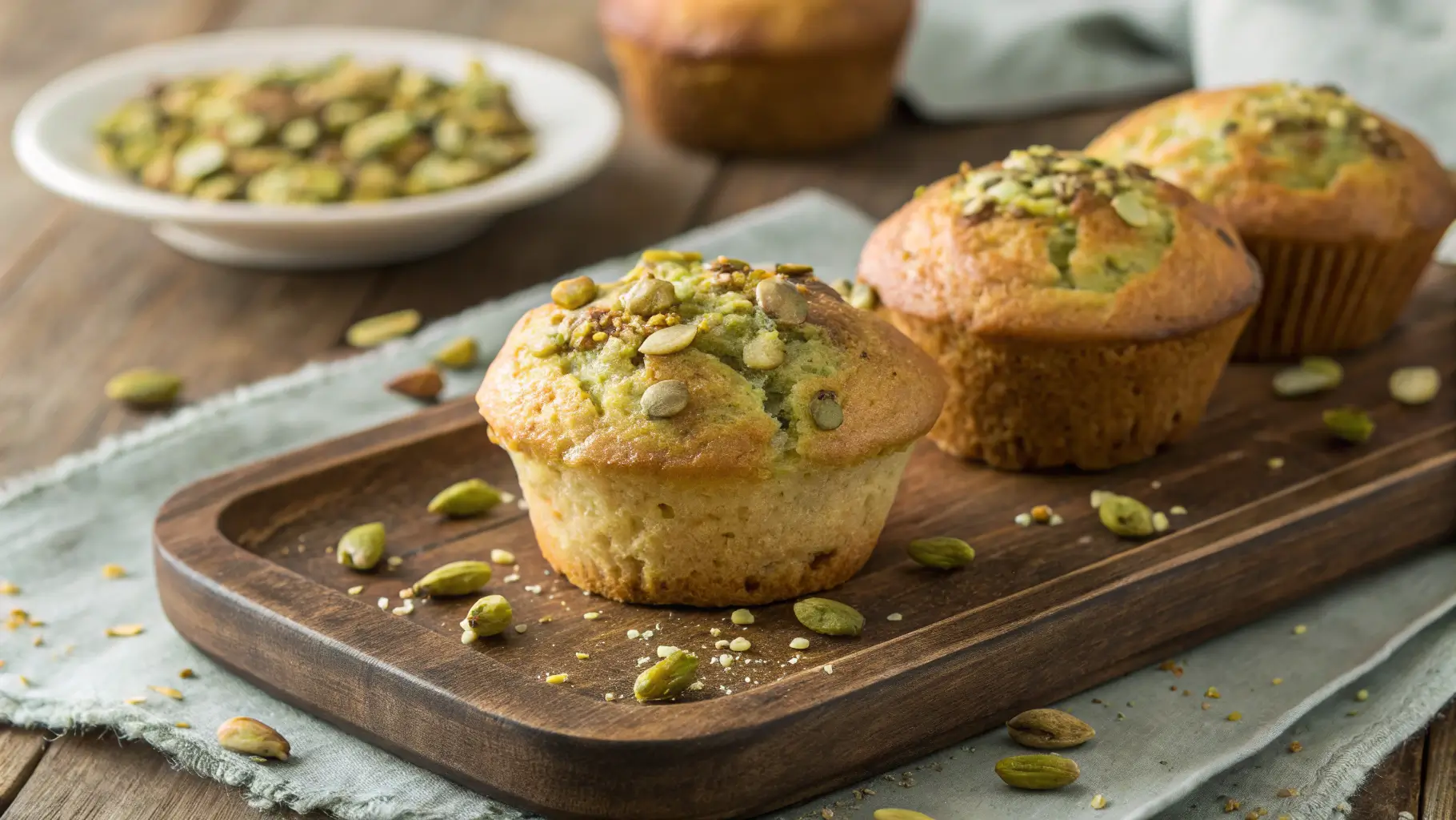 Soft and fluffy pistachio muffins served with coffee