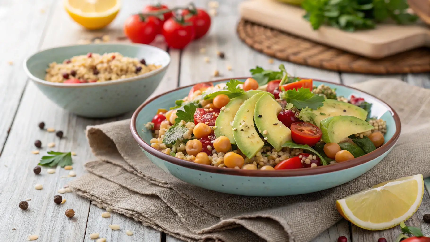 a colorful quinoa salad with avocado cherry tomat