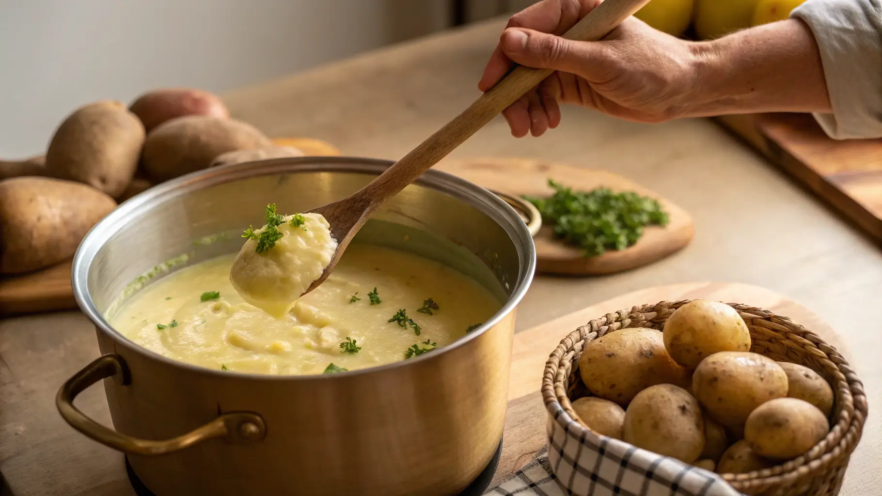 Mashing potatoes to thicken soup.