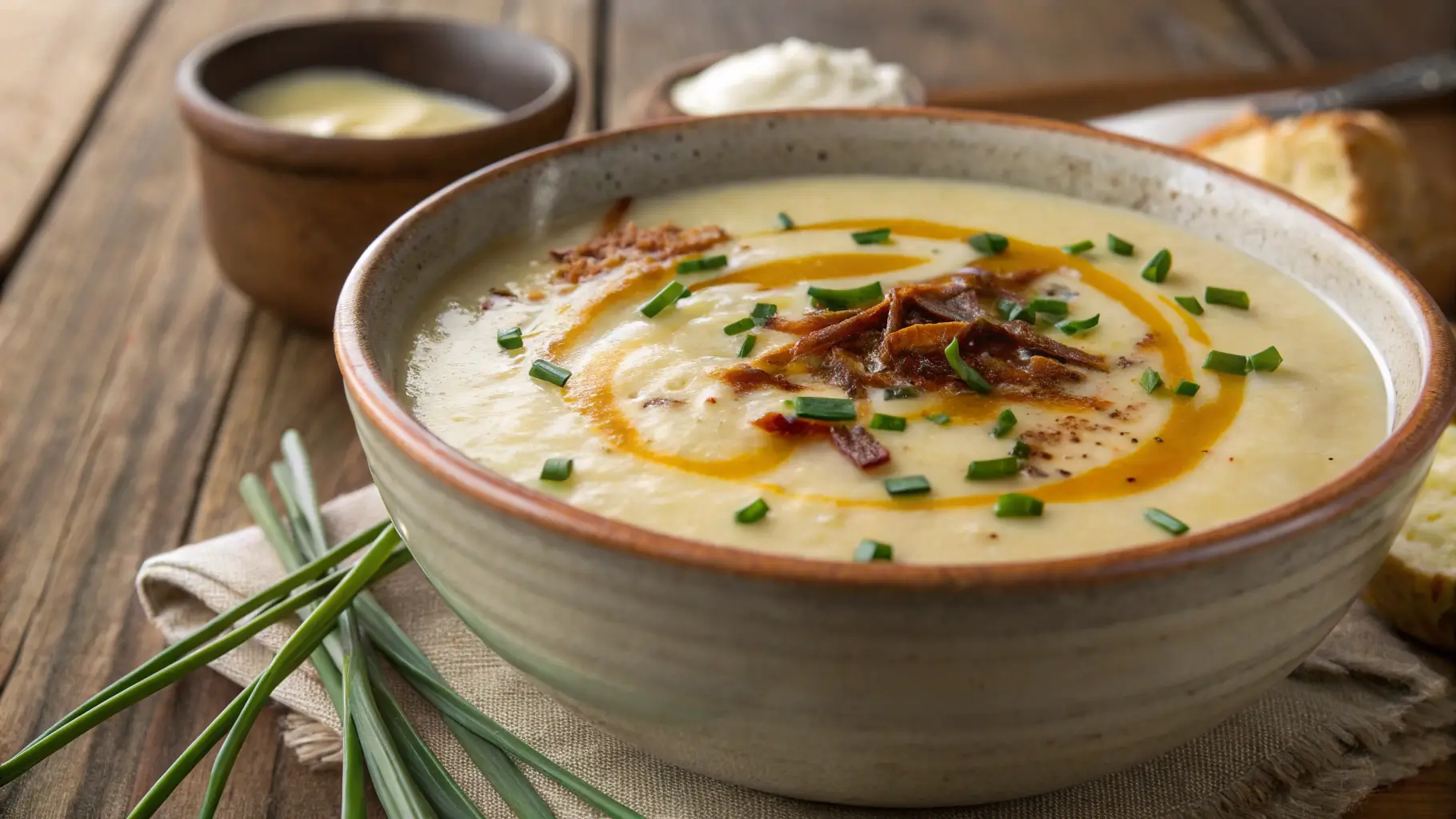 Creamy 4-ingredient potato soup with chives.