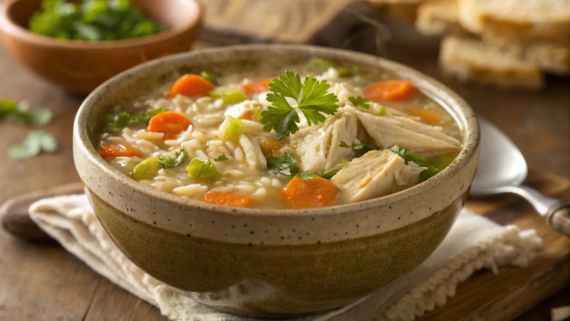 A steaming bowl of easy and hearty chicken and rice soup with fresh parsley garnish.