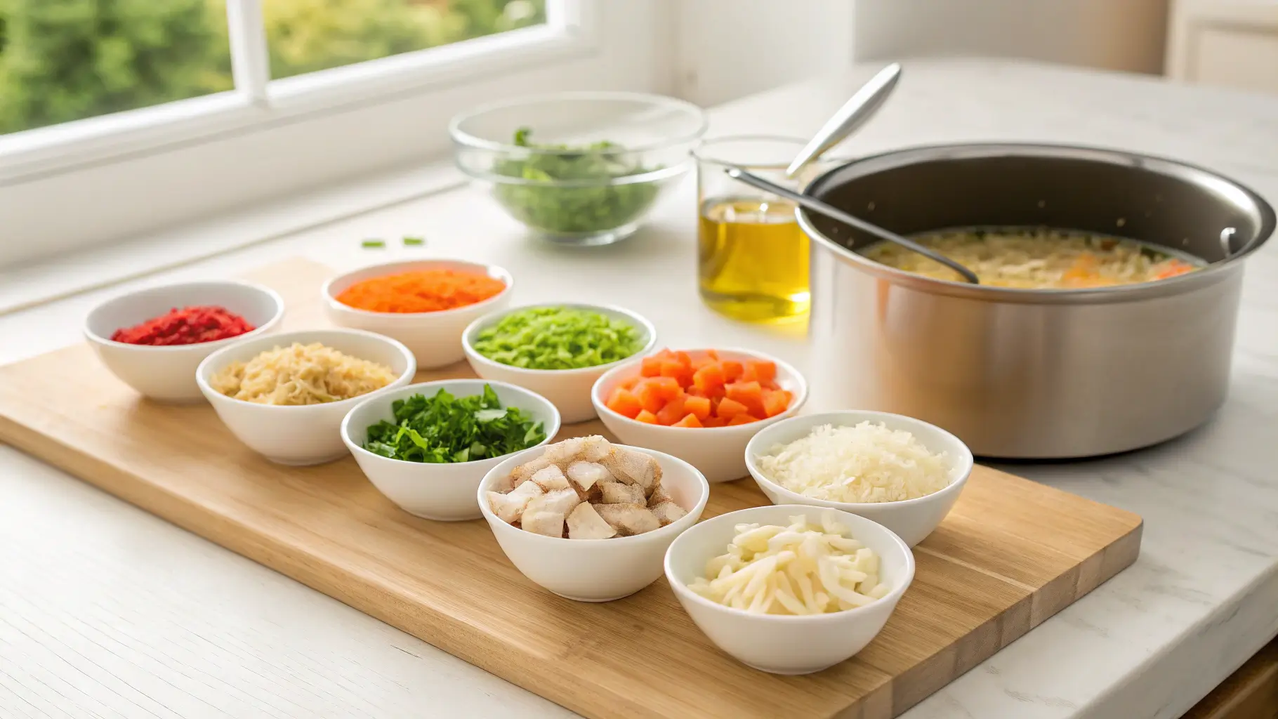 Neatly arranged small bowls with ingredients for chicken and rice soup