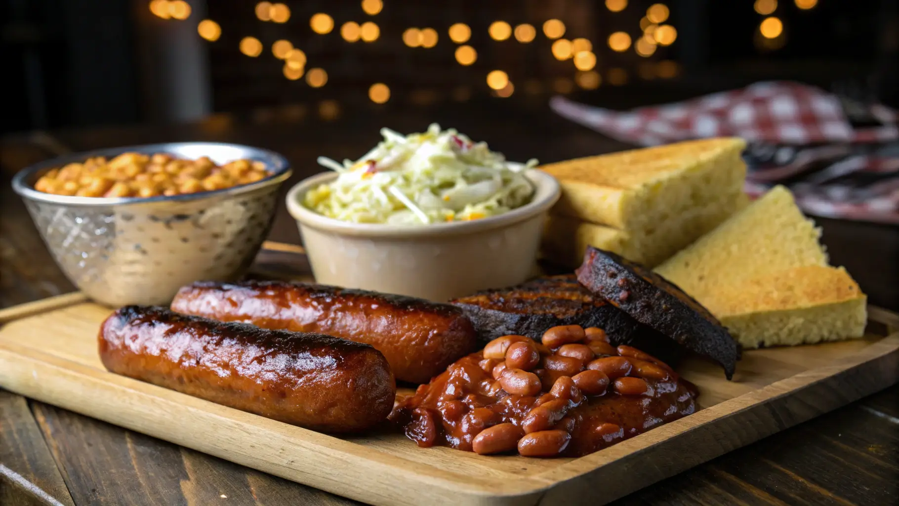 Hot dog burnt ends served with classic BBQ sides like coleslaw and baked beans.