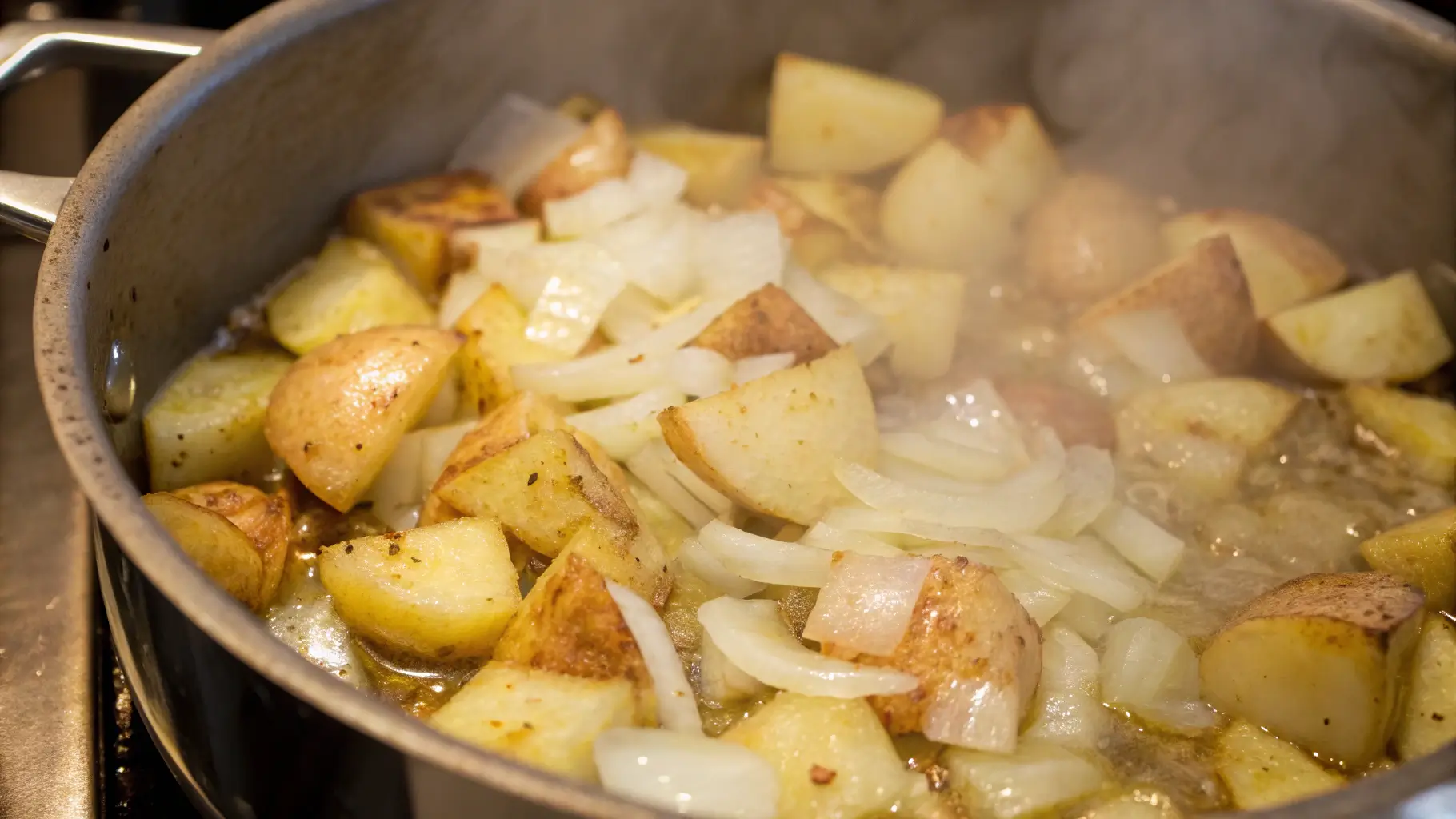 Sautéed onions and potatoes for potato soup.