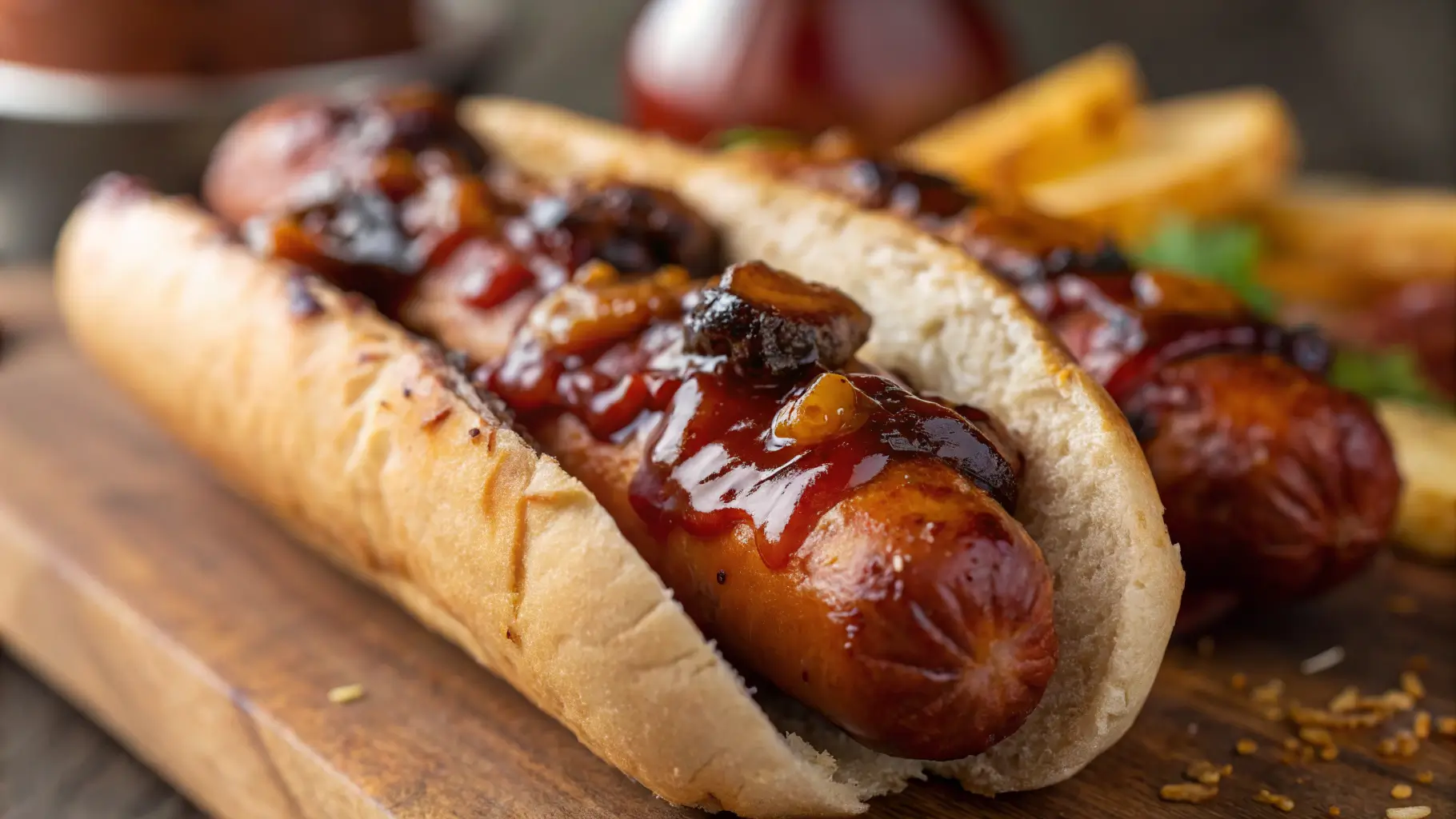 Hot dog burnt ends glazed with BBQ sauce in a cast iron skillet.