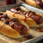 Hot dog burnt ends caramelized on a baking sheet with BBQ glaze.