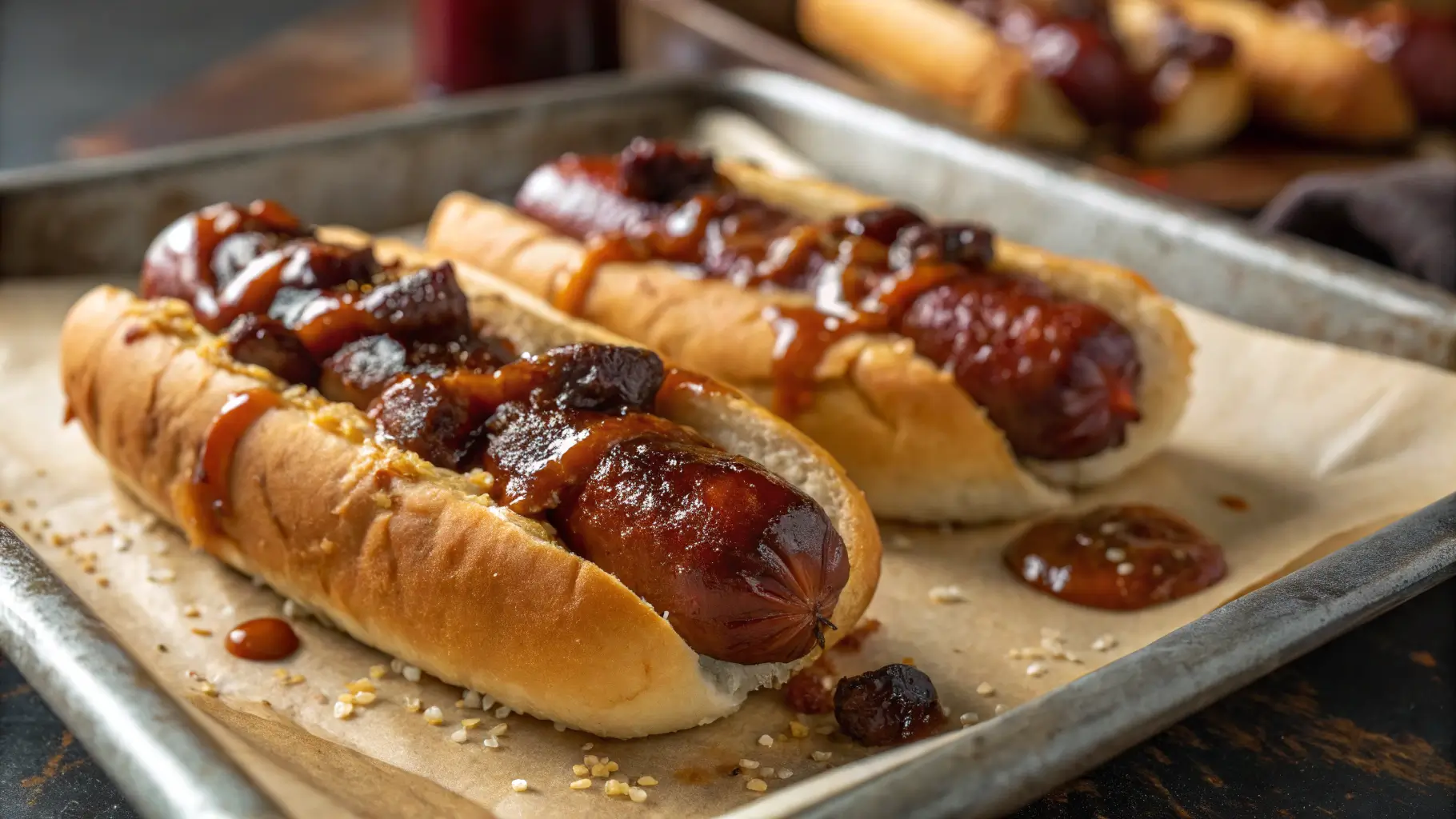 Hot dog burnt ends caramelized on a baking sheet with BBQ glaze.