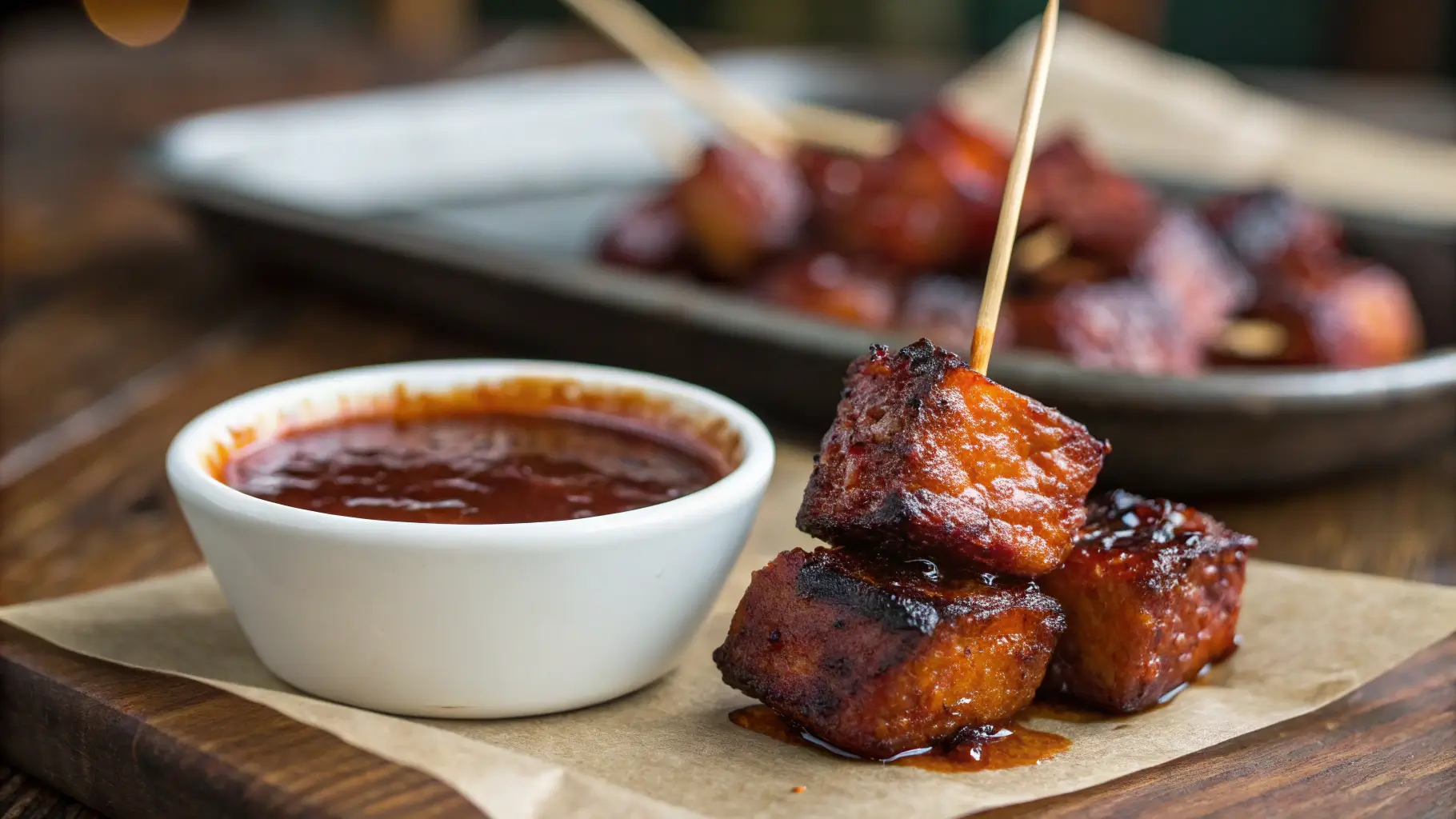 Hot dog burnt ends on a toothpick with BBQ dipping sauce.