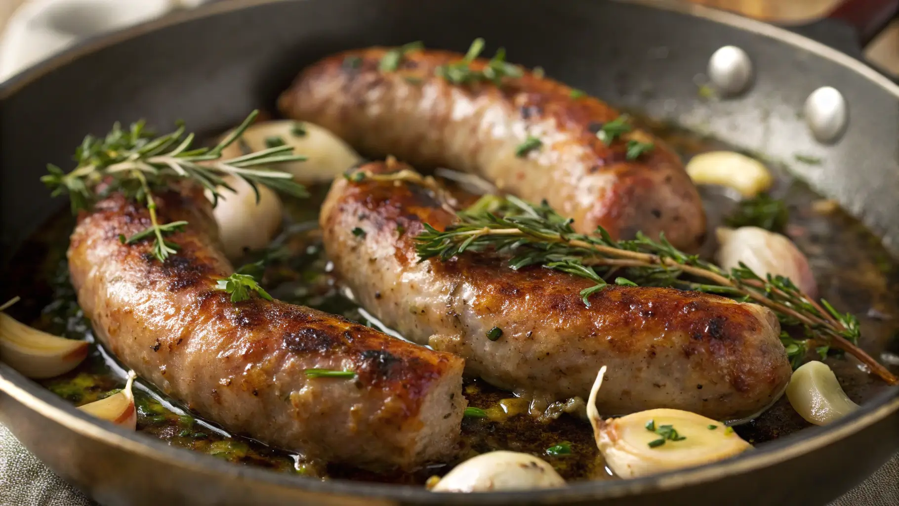 Italian sausage sizzling in a pot with garlic and herbs